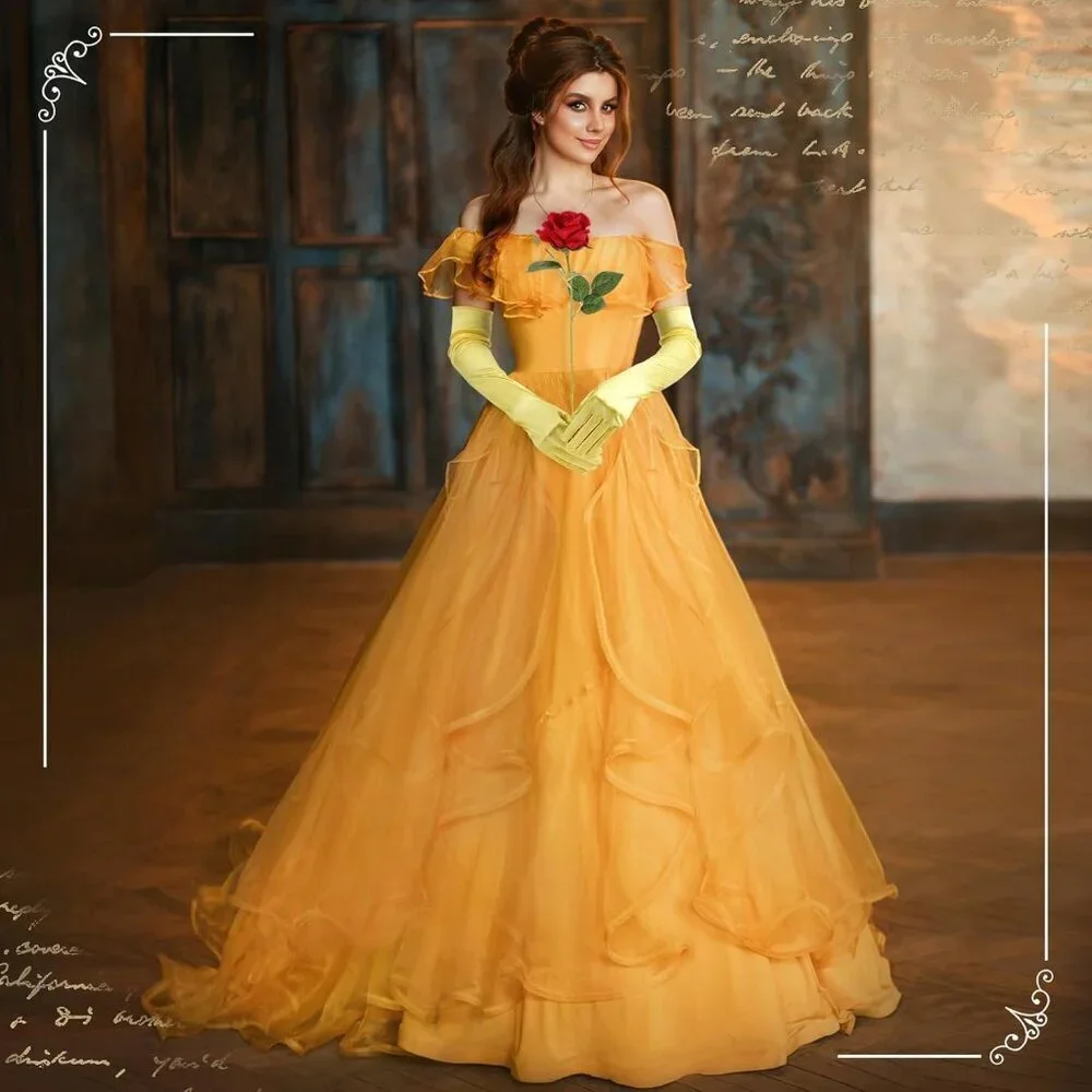 Princess Costume Accessories Set with Yellow Bow Hairband Gloves Rose for Dress
